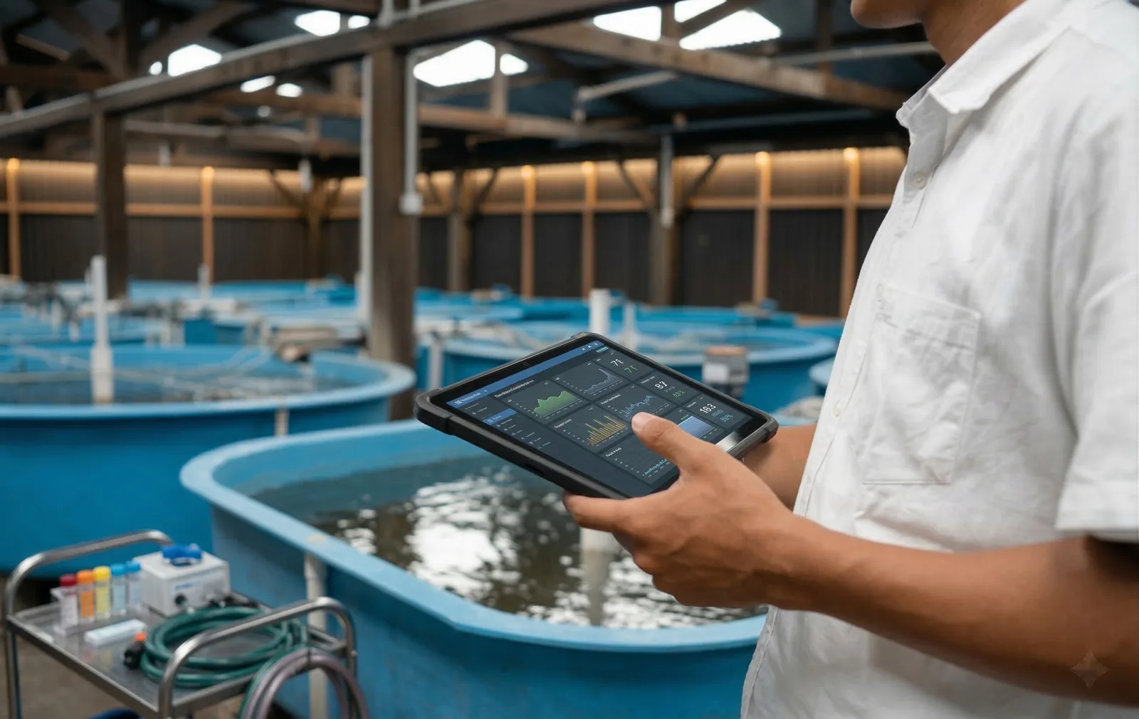 Technical aquaculture tank infrastructure inside a commercial farm