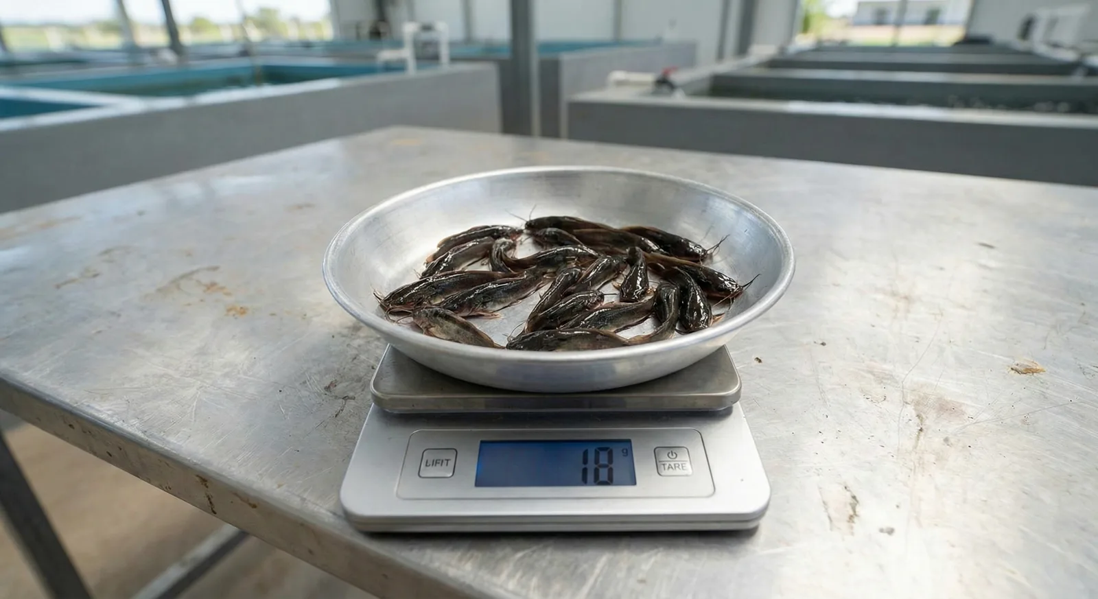 African catfish on a farm grading scale